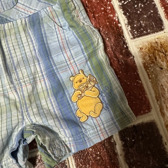 Vintage Classic Winnie the Pooh blue plaid shortall overalls 6m boys airplane - Picture 2 of 3